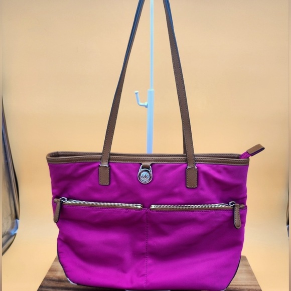 Michael Kors Fuchsia Nylon&Leather Rare Silver MK Lock Tote Bag EUC - Picture 1 of 7